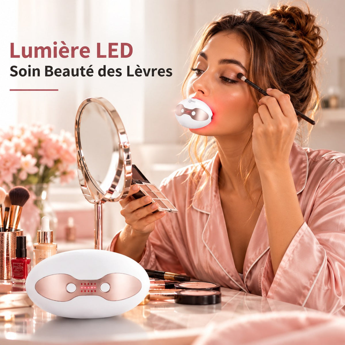 Routine beauté des lèvres, appareil de soin LipsGlow présenté avec des accessoires cosmétiques