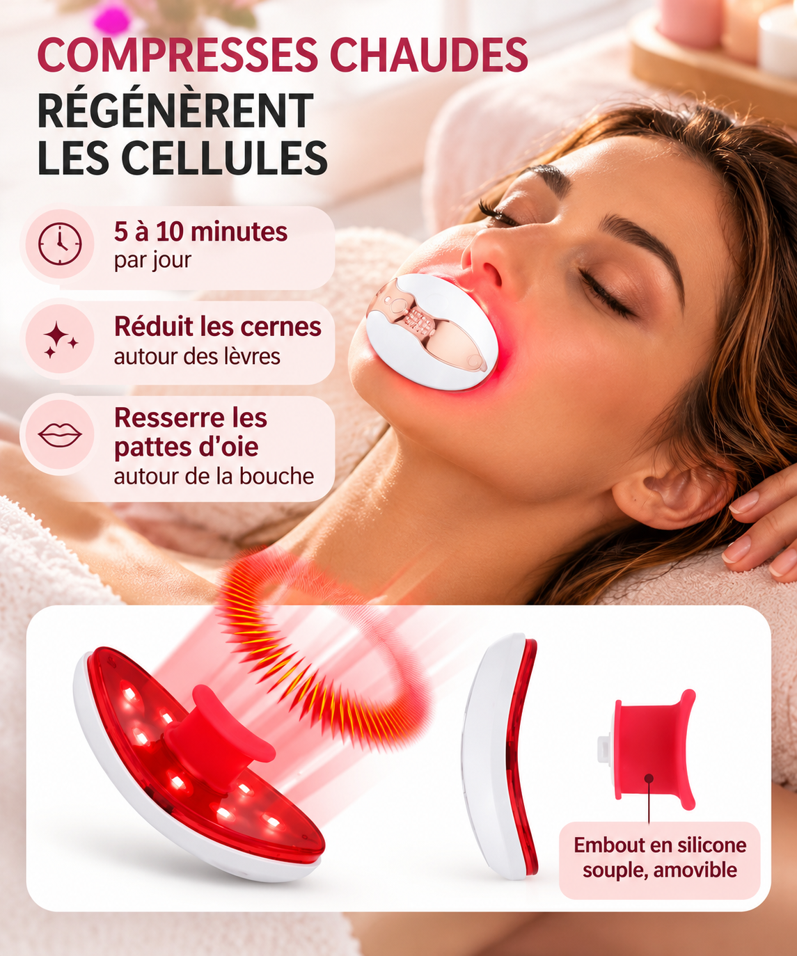 Visuel LipsGlow montrant les fonctions de compresse chaude et de soin des lèvres
